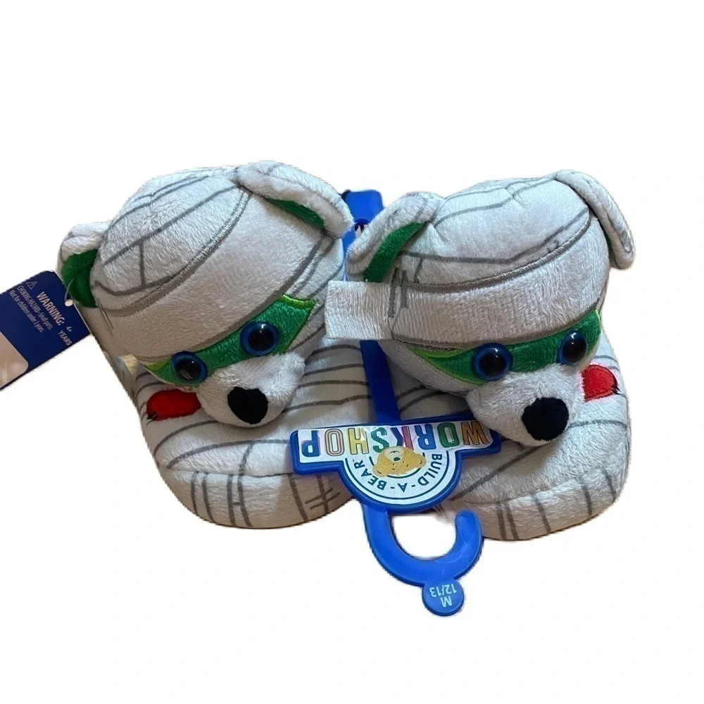Build a Bear Mummy Slippers NWT 12-13 Kids White Green Halloween
